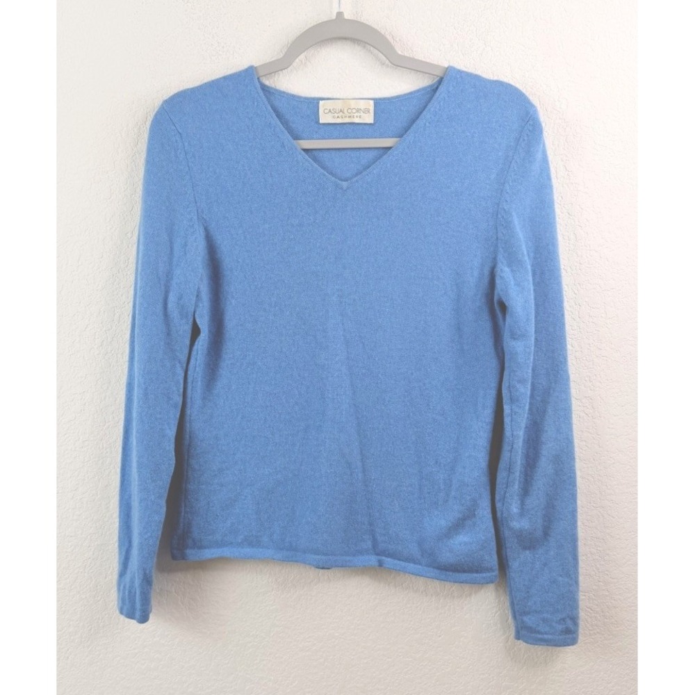 Casual Corner 100% Cashmere Sweater Women's M Blue V Neck Quiet Luxury Preppy